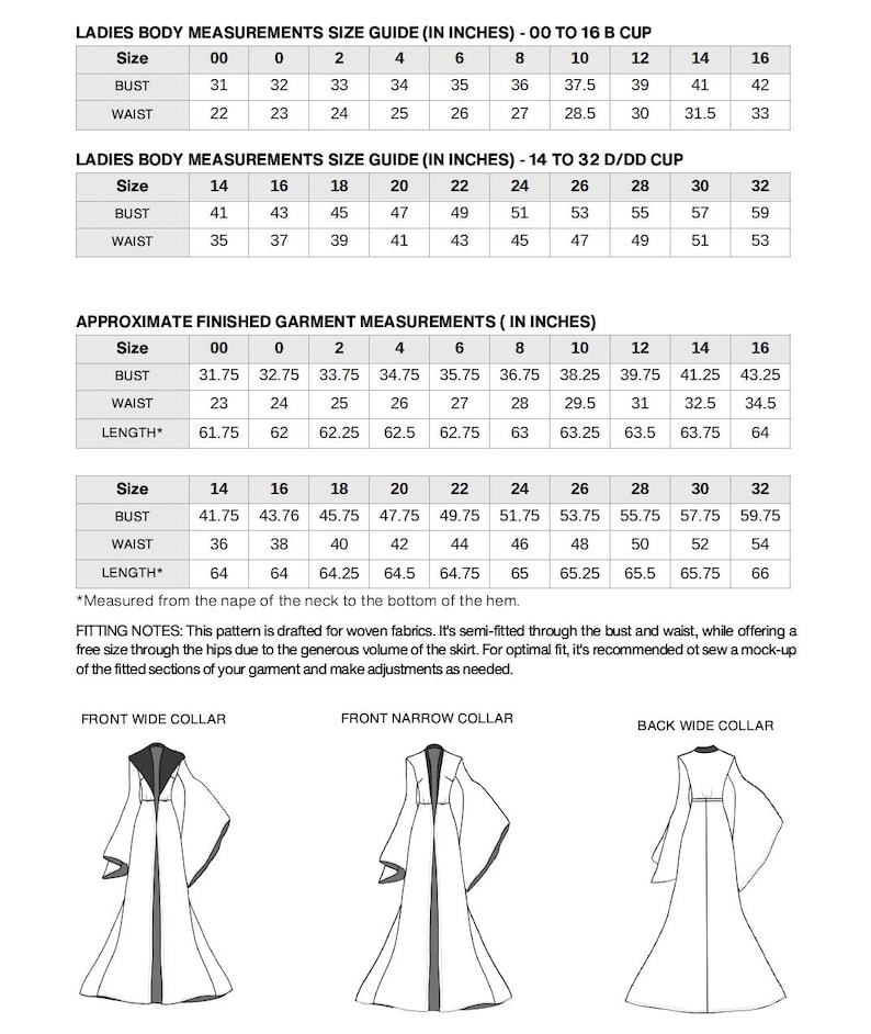 May include: A detailed size guide for women's garments, including bust, waist, and length measurements in inches. The guide covers sizes 00 to 32, with separate charts for B cup and D/DD cup sizes. Includes illustrations of garment collar styles.