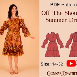 Peut inclure: Une femme porte une robe d'été marron à épaules dénudées avec broderie florale. La robe a des manches longues avec des poignets à volants et une jupe à volants. L'image comprend un patron PDF avec le texte "Off The Shoulder Summer Dress" et "Size: 14-32".
