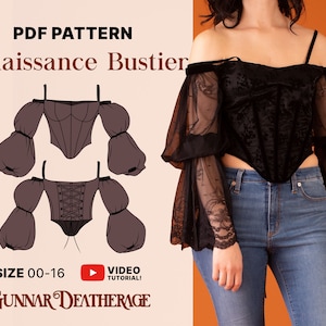 May include: PDF pattern for a Renaissance-style bustier with puffed sleeves. The pattern includes two different styles of the bustier. The pattern is available in sizes 00-16. A video tutorial is available.