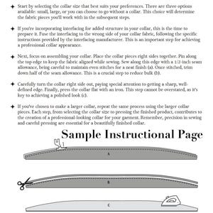 May include: A sample instructional page for preparing a collar, with text and diagrams. The text explains the steps, including selecting the collar size, adding interfacing, assembling the collar pieces, and pressing with an iron. The diagrams show the collar's construction.