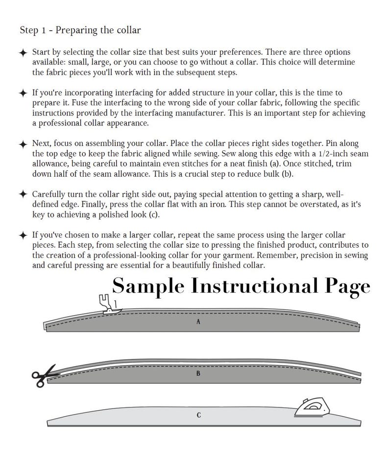 May include: A sample instructional page for preparing a collar, with text and diagrams. The text explains the steps, including selecting the collar size, adding interfacing, assembling the collar pieces, and pressing with an iron. The diagrams show the collar's construction.