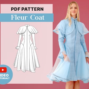 Puede incluir: Patrón PDF para un abrigo Fleur. A la izquierda se muestra un dibujo a línea del abrigo, y a la derecha una mujer que lleva una versión azul claro del abrigo. El texto "VIDEO TUTORIAL!" está en un círculo rojo con un botón de reproducción.