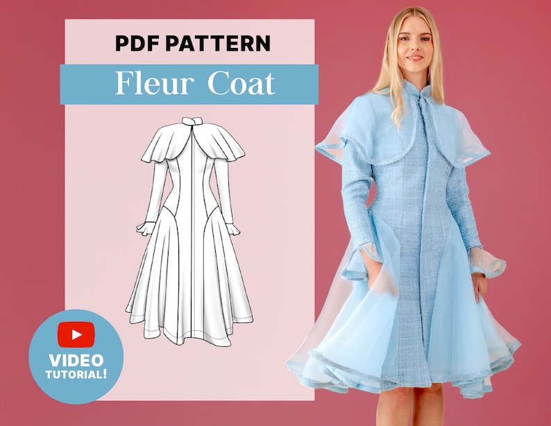 Op de afbeelding: PDF-patroon voor een Fleur-jas. Links is een lijntekening van de jas te zien, rechts een vrouw die een lichtblauwe versie van de jas draagt. De tekst "VIDEO TUTORIAL!" staat in een rode cirkel met een afspeelknop.