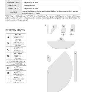 May include: A sewing pattern with a list of fabric requirements and pattern pieces. The fabric requirements are listed in yards. The pattern pieces include collar, bodice, waist, sleeve, pocket, skirt, and belt tie.