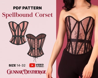Può includere: Un modello di corsetto Spellbound in rosa e nero in PDF con un tutorial video. Il modello è disponibile nelle taglie 14-32. L'immagine mostra anche una donna che indossa un corsetto simile.