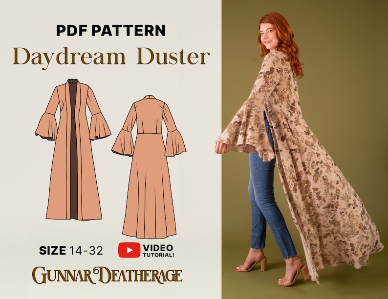 Puede incluir: Patr&oacute;n de costura PDF para una larga y fluida chaqueta con mangas acampanadas. El patr&oacute;n est&aacute; disponible en tallas 14-32. La imagen muestra a una modelo usando una chaqueta terminada con estampado floral. El texto "Daydream Duster" y "Gunnar Deatherage" es visible en la imagen.