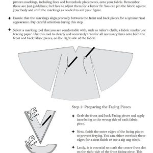 May include: A black and white illustration of a sewing pattern with instructions on how to trace markings and prepare facing pieces. The text includes the steps "Step 1: Tracing the markings" and "Step 2: Preparing the Facing Pieces".