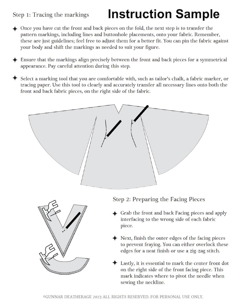 May include: A black and white illustration of a sewing pattern with instructions on how to trace markings and prepare facing pieces. The text includes the steps "Step 1: Tracing the markings" and "Step 2: Preparing the Facing Pieces".