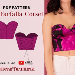 May include: PDF pattern for a La Farfalla corset, a strapless, sweetheart neckline corset with a lace-up front. The pattern is available in sizes 14-32. A video tutorial is available.