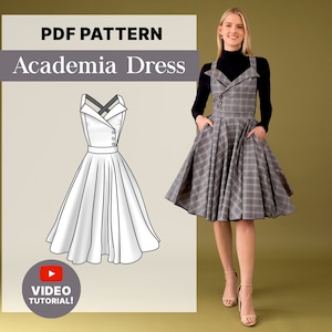 Può includere: Modello PDF per un abito bianco Academia con scollo a V e chiusura con bottoni. Una donna indossa un abito simile in un motivo a quadri. L'immagine include il testo "PDF PATTERN Academia Dress" e "VIDEO TUTORIAL!"