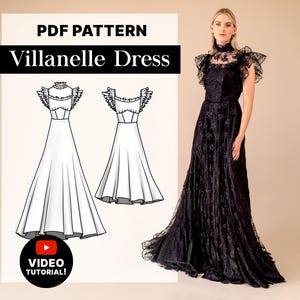 Pode incluir: Um vestido Villenelle de renda preta com gola alta e bordados florais &eacute; exibido. &Agrave; esquerda, um padr&atilde;o PDF com ilustra&ccedil;&otilde;es de vestidos e o texto "PDF PATTERN Villenelle Dress". Um tutorial em v&iacute;deo est&aacute; dispon&iacute;vel.