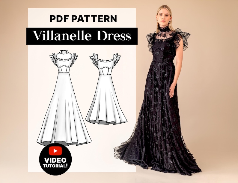 Pode incluir: Um vestido Villenelle de renda preta com gola alta e bordados florais &eacute; exibido. &Agrave; esquerda, um padr&atilde;o PDF com ilustra&ccedil;&otilde;es de vestidos e o texto "PDF PATTERN Villenelle Dress". Um tutorial em v&iacute;deo est&aacute; dispon&iacute;vel.