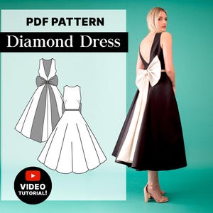 Peut inclure: Patron PDF pour une robe en forme de diamant avec un grand nœud dans le dos. Le patron comprend un tutoriel vidéo. La robe est présentée en blanc et noir.
