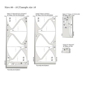 Pode incluir: Um exemplo de layout de corte para os tamanhos 00-16, com o tamanho 16 como exemplo. O diagrama inclui pe&ccedil;as de tecido, pe&ccedil;as de forro e pe&ccedil;as de fus&atilde;o, com medidas em polegadas. O layout mostra como cortar o tecido.