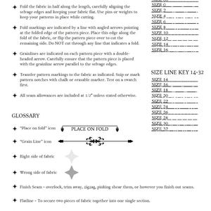 May include: A sewing guide with instructions for cutting, transferring pattern markings, and finishing seams. It includes a glossary of terms like "place on fold" and "grain line" and a size line key for sizes 00-16 and 14-32.