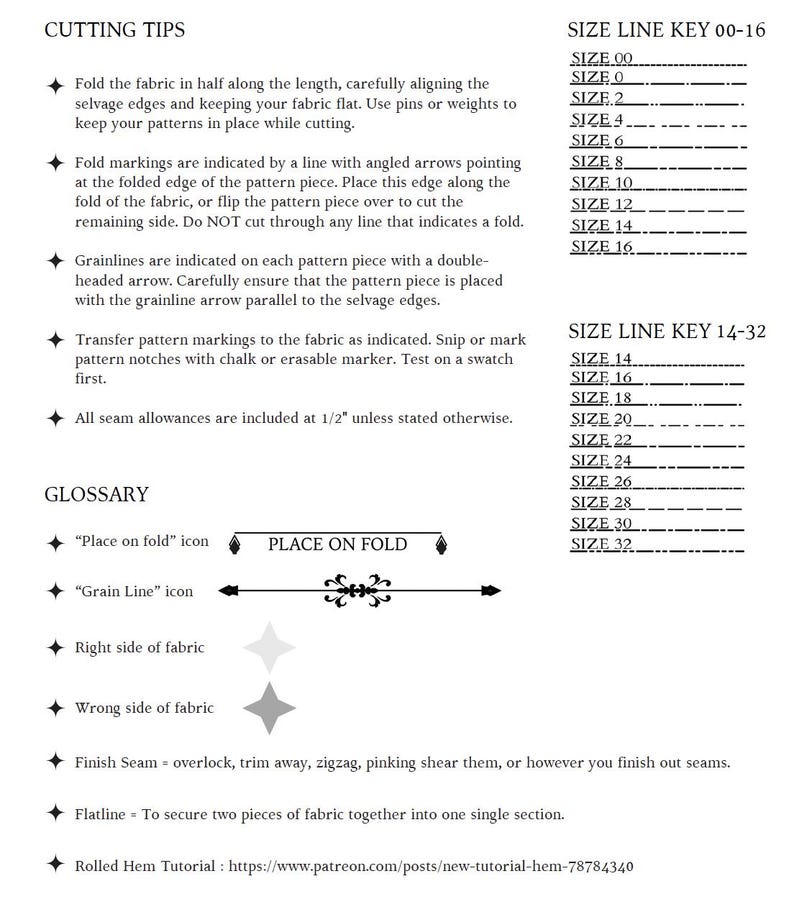 May include: A sewing guide with instructions for cutting, transferring pattern markings, and finishing seams. It includes a glossary of terms like "place on fold" and "grain line" and a size line key for sizes 00-16 and 14-32.