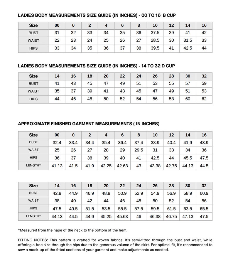 Op de afbeelding: Een maattabel voor dameskleding. De tabel toont de maten voor borst, taille en heupen in inches. De tabel is verdeeld in twee secties: een voor maten 00 tot 16 en een andere voor maten 14 tot 32.