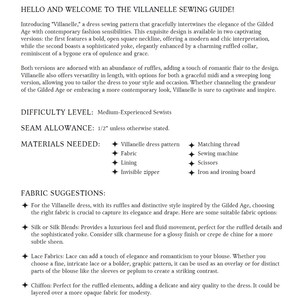 Pode incluir: Texto de "HELLO AND WELCOME TO THE VILLANELLE SEWING GUIDE!" apresenta um molde de costura de vestido com decote quadrado e gola com babados. Inclui uma lista de materiais, sugest&otilde;es de tecidos e o n&iacute;vel de dificuldade para costureiras experientes.