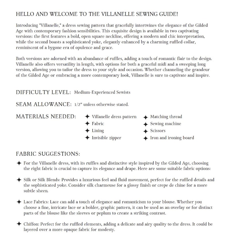 Pode incluir: Texto de "HELLO AND WELCOME TO THE VILLANELLE SEWING GUIDE!" apresenta um molde de costura de vestido com decote quadrado e gola com babados. Inclui uma lista de materiais, sugest&otilde;es de tecidos e o n&iacute;vel de dificuldade para costureiras experientes.