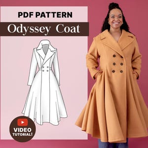 Może przedstawiać: Wzór PDF na płaszcz Odyssey. Wzór jest zilustrowany białym płaszczem z dwurzędowym zapięciem i rozkloszowaną spódnicą. Kobieta nosi podobny brązowy płaszcz.