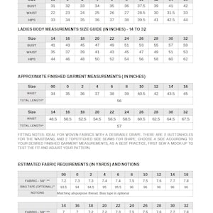 May include: A chart with a size guide for women's clothing. The chart includes measurements for bust, waist, and hips in inches. The chart is divided into two sections: sizes 00 to 16 and sizes 14 to 32.