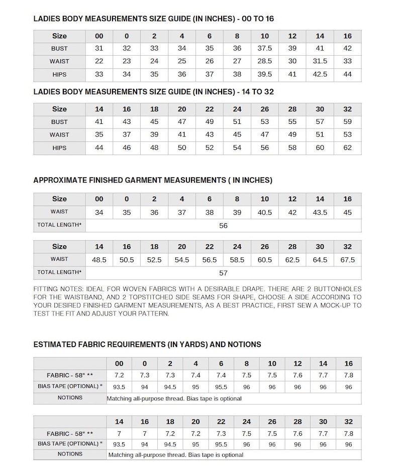 May include: A chart with a size guide for women's clothing. The chart includes measurements for bust, waist, and hips in inches. The chart is divided into two sections: sizes 00 to 16 and sizes 14 to 32.