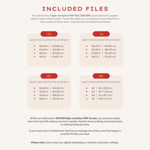 May include: A beige graphic with text detailing included PDF file sizes for printing artwork. The image lists aspect ratios like 2:3, 3:4, 4:5, and ISO, with corresponding inch and centimeter measurements for various print sizes.