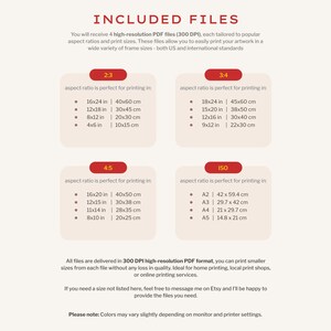 May include: A beige informational graphic with text detailing included PDF file sizes for printing artwork. The graphic lists aspect ratios like 2:3, 3:4, 4:5, and ISO, with corresponding inch and centimeter measurements for various print sizes.