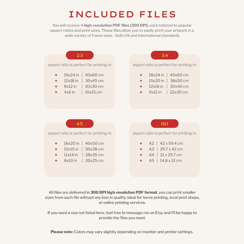 May include: A beige informational graphic with text detailing included PDF file sizes for printing artwork. The graphic lists aspect ratios like 2:3, 3:4, 4:5, and ISO, with corresponding inch and centimeter measurements for various print sizes.