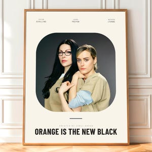 May include: A framed poster featuring two women in tan uniforms, with the text "ORANGE IS THE NEW BLACK" at the bottom. The poster has a beige background and a wooden frame. The names Taylor Schilling, Laura Prepon, and Natasha Lyonne are printed at the top.