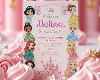 Verjaardagsuitnodiging prinses | Koninklijk feest voor meisjes | Thema waterverfprinses | Afdrukbare sjabloon | Uitnodiging digitale download