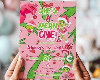 Roze Mean One-verjaardagsuitnodiging | Bewerkbare Grinch Girl Christmas Party Evite