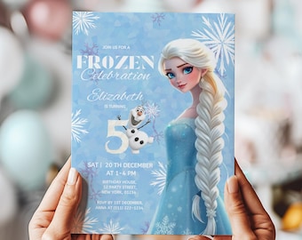 Frozen afdrukbare verjaardagsuitnodiging | Feestuitnodiging Elsa en Olaf | Frozen meisje 5e verjaardag | Bewerkbare sjabloon | Direct downloaden