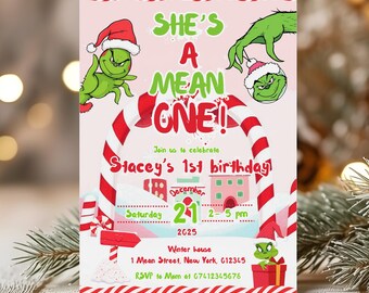 Verjaardagsuitnodiging She's a Mean One | Bewerkbare Grinchmas-feestavond met snoepriet