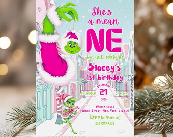 Eerste verjaardagsuitnodiging She's a Mean One | Bewerkbare Grinch Xmas Party Evite