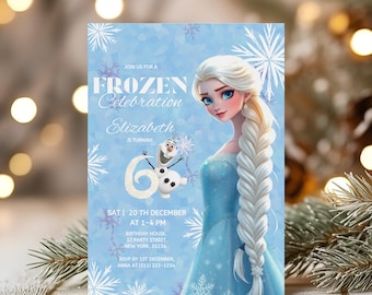 Frozen Elsa 6e verjaardagsuitnodiging | Afdrukbare Frozen-feestuitnodiging | Bewerkbare prinses Elsa-sjabloon | Winterverjaardag meisje