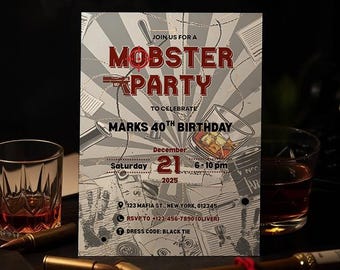 Uitnodiging voor feest van gangster | Verjaardagsuitnodiging whisky en sigaar gangster | Bewerkbare sjabloon voor digitale herenkleding voor volwassenen