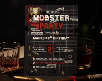 Uitnodiging voor feest van gangster | Gangsterverjaardagsuitnodiging van whiskyglas | Bewerkbare digitale herenstropdas-sjabloon voor volwassen feest