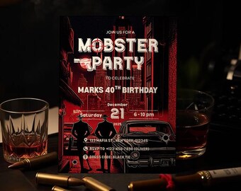 Verjaardagsuitnodiging gangster | Gangsterfeest City Night-uitnodiging | Bewerkbare sjabloon verjaardag digitale zwarte stropdas volwassen evenement voor heren