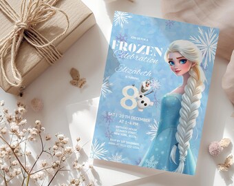 Frozen Elsa 8e verjaardagsuitnodiging | Afdrukbare Frozen-feestuitnodiging | Bewerkbare winterprinses-sjabloon | Verjaardag meisje op canvas