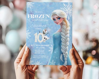 Frozen Elsa 10e verjaardagsuitnodiging | Afdrukbare Frozen-feestuitnodiging | Bewerkbare prinses-sjabloon | Meisje winter verjaardag canvas