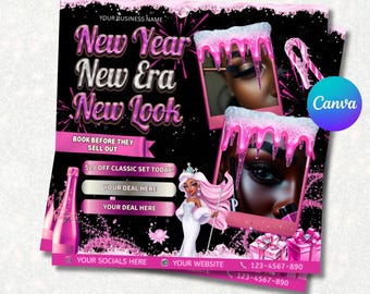 Roze nieuwjaarswimperflyer | Glam-boekingssjabloon januari | New Era New Look-promotie | Bewerkbare canva-flyer voor Lash Techs en schoonheidssalons