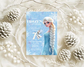 Frozen Elsa 7e verjaardagsuitnodiging | Afdrukbare Frozen-feestuitnodiging | Bewerkbare canvassjabloon | Verjaardag meisje winterprinses