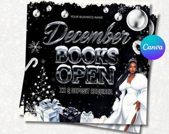 Zwart-zilveren boekingsflyer december | Sjabloon vakantieboeken open canvas | Wimper, haar, nagel, make-up winterpromo | Bewerkbare beautyflyer