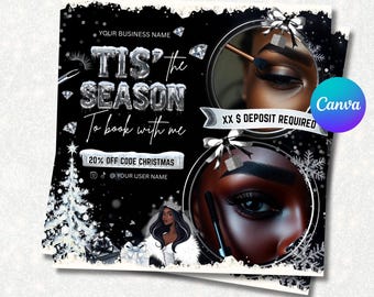 Dit is de seizoensflyer kerstwimpers | Zwart-zilveren winterboekingssjabloon | Boeken december geopend | Glam Beauty-canvamarketingflyer
