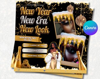 Flyer nieuwjaarswimpers | Boekingssjabloon zwart en goud | Beautypromotie januari | Nieuwjaarsboeking Flyer voor wimpers, haar en nagels