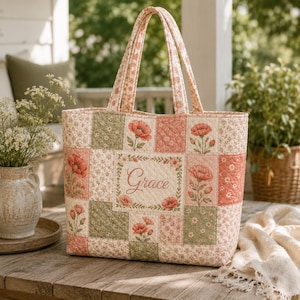 May include: A quilted tote bag featuring a patchwork design of floral patterns in shades of sage green, cream, and coral pink. The center panel displays the name Grace in cursive script, surrounded by a floral border and poppy flower illustrations.