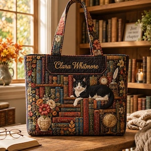 Op de afbeelding: Een gewatteerde tas met een zwart-witte kat die op een boekenplank rust. Het ontwerp bevat kleurrijke boeken, een vaas met bloemen, een wereldbol en een klok. De naam Clara Whitmore is in goudkleurig schrift op het bovenste gedeelte geborduurd.