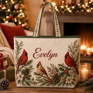 Personlig röd kardinal quiltad tygväska, anpassad blommig kardinal fågel quiltad axelväska, Cottagecore Market Tote, presentväska för naturälskare