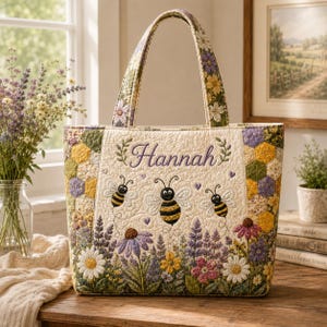 May include: A quilted tote bag featuring an embroidered name Hannah in purple script, surrounded by three cartoon bees and a colourful garden scene with daisies, lavender, and coneflowers. The sides have a yellow and purple honeycomb pattern.